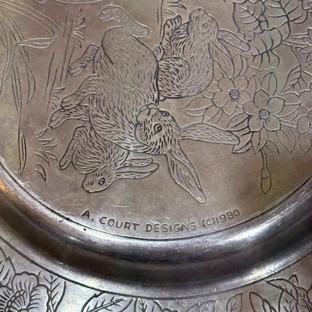 VTG Arthur Court 1980 14” Round Serving Tray/Platter/Charger w/Rabbits & Bunnies